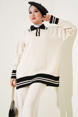 Düğmeli Gömlek Yaka Triko İkili Takım Bej - Triko İkili Takım