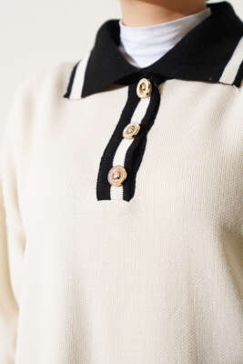 Düğmeli Gömlek Yaka Triko İkili Takım Bej - Triko İkili Takım