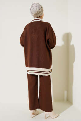 Düğmeli Gömlek Yaka Triko İkili Takım Kahve - Triko İkili Takım