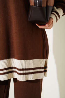 Düğmeli Gömlek Yaka Triko İkili Takım Kahve - Triko İkili Takım