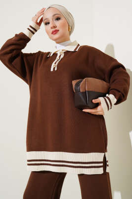 Düğmeli Gömlek Yaka Triko İkili Takım Kahve - Triko İkili Takım