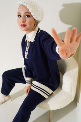 Düğmeli Gömlek Yaka Triko İkili Takım Lacivert - Triko İkili Takım