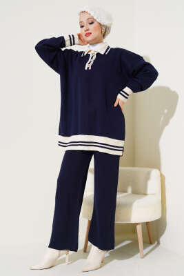 Düğmeli Gömlek Yaka Triko İkili Takım Lacivert - Triko İkili Takım
