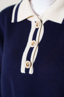 Düğmeli Gömlek Yaka Triko İkili Takım Lacivert - Triko İkili Takım