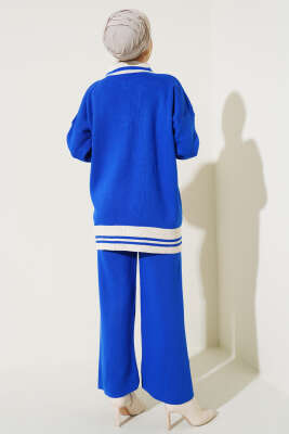 Düğmeli Gömlek Yaka Triko İkili Takım Saks - Triko İkili Takım