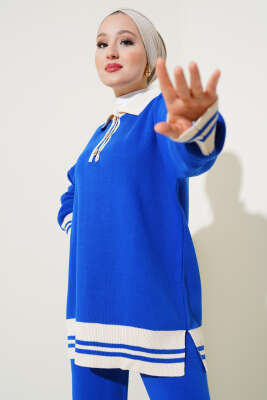 Düğmeli Gömlek Yaka Triko İkili Takım Saks - Triko İkili Takım