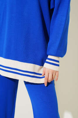 Düğmeli Gömlek Yaka Triko İkili Takım Saks - Triko İkili Takım