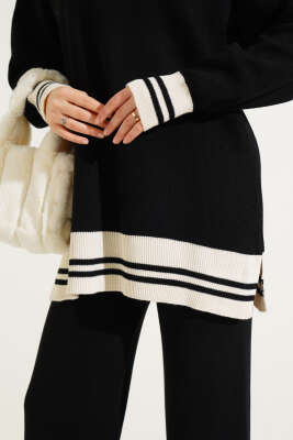 Düğmeli Gömlek Yaka Triko İkili Takım Siyah - Triko İkili Takım