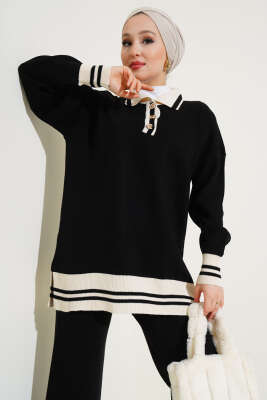 Düğmeli Gömlek Yaka Triko İkili Takım Siyah - Triko İkili Takım