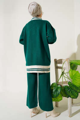 Düğmeli Gömlek Yaka Triko İkili Takım Zümrüt - Triko İkili Takım