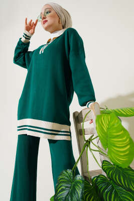 Düğmeli Gömlek Yaka Triko İkili Takım Zümrüt 
