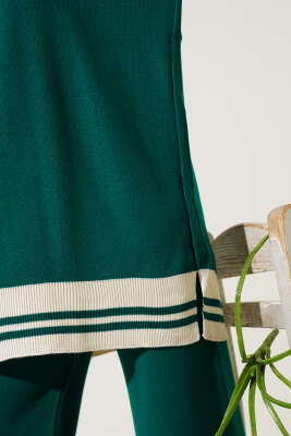 Düğmeli Gömlek Yaka Triko İkili Takım Zümrüt - Triko İkili Takım