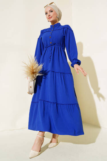 Düğmeli Güpürlü Elbise Saks - Elbise