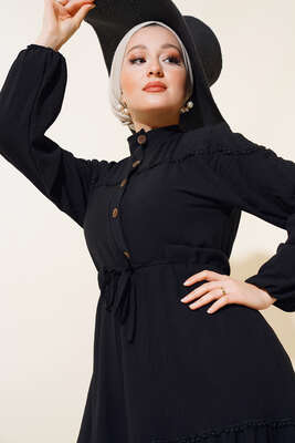 Düğmeli Güpürlü Elbise Siyah - Thumbnail