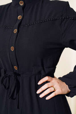 Düğmeli Güpürlü Elbise Siyah - Thumbnail