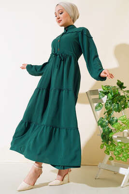 Düğmeli Güpürlü Elbise Zümrüt Yeşili - Thumbnail