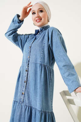 Düğmeli Hakim Yaka Kat Kot Elbise Kot Mavisi - Tesettür Elbise