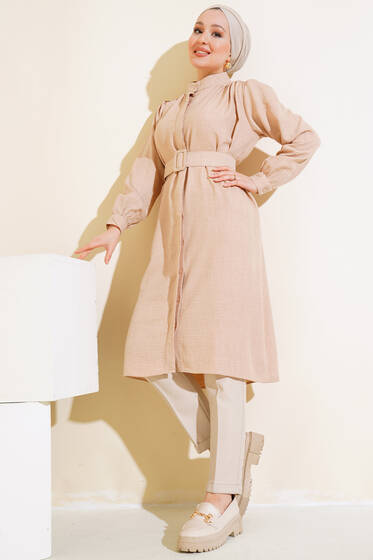 Düğmeli Hakim Yaka Tunik Bej - Tunik