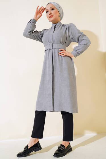 Düğmeli Hakim Yaka Tunik Gri - Tunik
