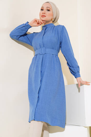 Düğmeli Hakim Yaka Tunik İndigo - Tunik
