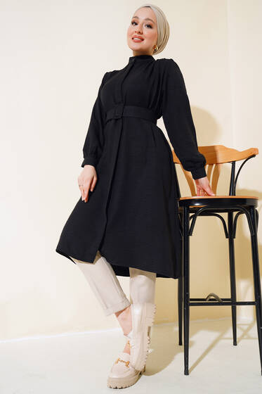 Düğmeli Hakim Yaka Tunik Siyah - Tunik