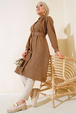 Düğmeli Hakim Yaka Tunik Vizon 