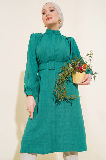 Düğmeli Hakim Yaka Tunik Zümrüt Yeşili - Tunik