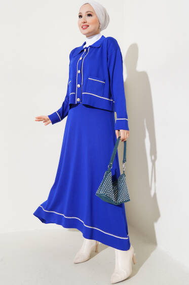 Düğmeli Hırkalı Etekli İkili Takım Saks - İkili Takım