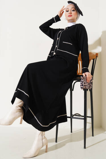 Düğmeli Hırkalı Etekli İkili Takım Siyah - İkili Takım