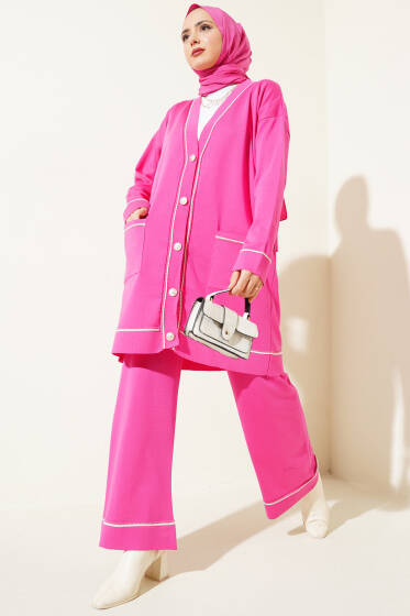 Düğmeli Hırkalı Triko İkili Takım Fuşya - İkili Takım