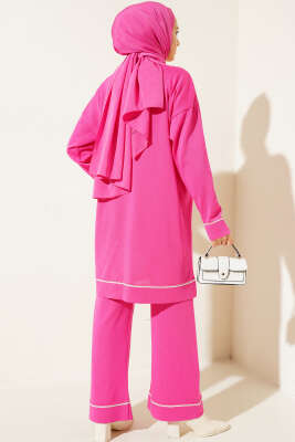 Düğmeli Hırkalı Triko İkili Takım Fuşya - Triko İkili Takım