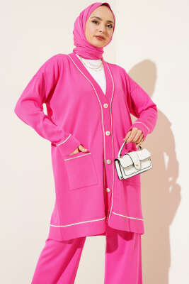Düğmeli Hırkalı Triko İkili Takım Fuşya - Triko İkili Takım