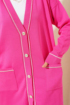 Düğmeli Hırkalı Triko İkili Takım Fuşya - Triko İkili Takım