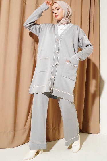 Düğmeli Hırkalı Triko İkili Takım Gri - İkili Takım