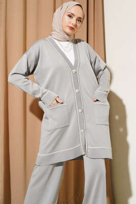Düğmeli Hırkalı Triko İkili Takım Gri - Triko İkili Takım