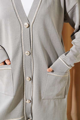 Düğmeli Hırkalı Triko İkili Takım Gri - Triko İkili Takım