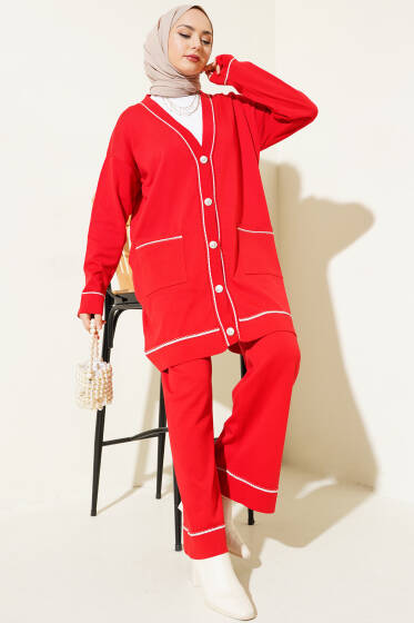 Düğmeli Hırkalı Triko İkili Takım Kırmızı - İkili Takım