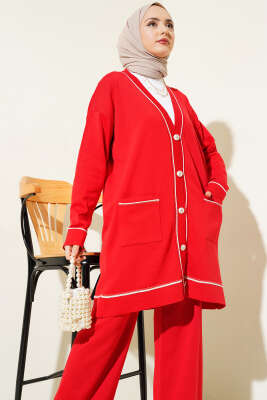 Düğmeli Hırkalı Triko İkili Takım Kırmızı - Triko İkili Takım
