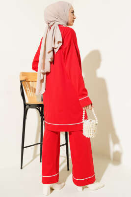 Düğmeli Hırkalı Triko İkili Takım Kırmızı - Triko İkili Takım