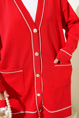 Düğmeli Hırkalı Triko İkili Takım Kırmızı - Triko İkili Takım