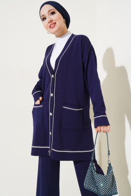 Düğmeli Hırkalı Triko İkili Takım Lacivert - Triko İkili Takım