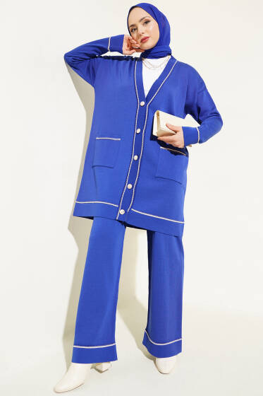 Düğmeli Hırkalı Triko İkili Takım Saks - İkili Takım