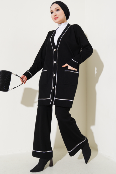 Düğmeli Hırkalı Triko İkili Takım Siyah - İkili Takım