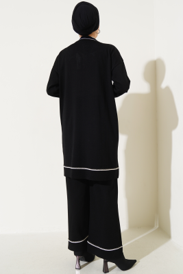 Düğmeli Hırkalı Triko İkili Takım Siyah - Triko İkili Takım