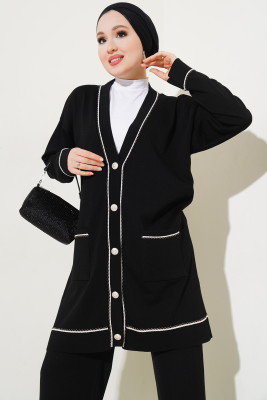 Düğmeli Hırkalı Triko İkili Takım Siyah - Triko İkili Takım