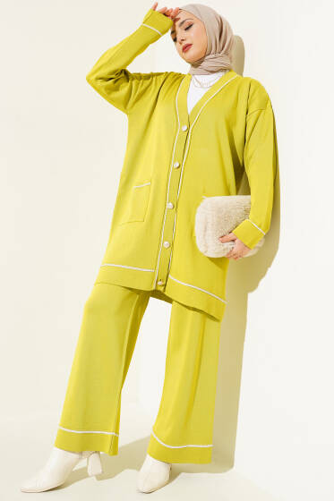 Düğmeli Hırkalı Triko İkili Takım Yağ Yeşili - İkili Takım