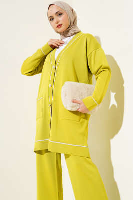 Düğmeli Hırkalı Triko İkili Takım Yağ Yeşili - Triko İkili Takım