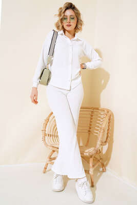 Düğmeli İkili Takım Beyaz - Kadın Giyim Modelleri