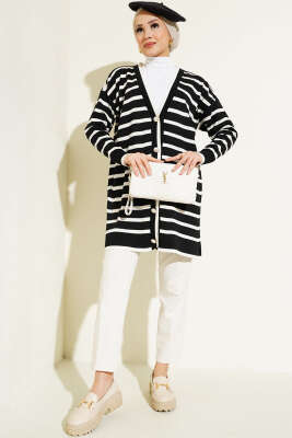 Düğmeli İnce Çizgili Triko Hırka Siyah - Triko Hırka