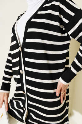 Düğmeli İnce Çizgili Triko Hırka Siyah - Triko Hırka